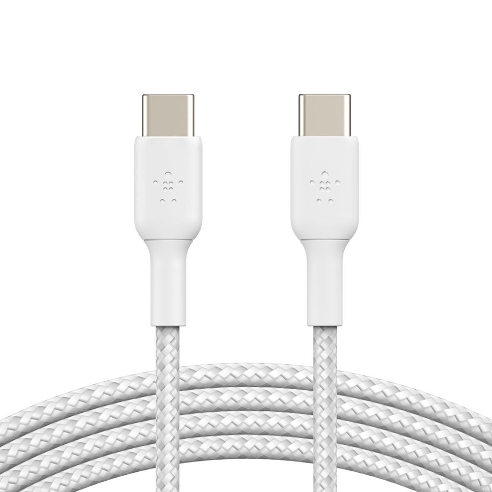 Belkin BoostCharge Braided USB-C to USB-C Cable (1M) - White (CAB004bt1MWH), 3A/60W, 480Mbps, 30K+ Bends, Apple, USB-IF Certified, 2 Years Warranty