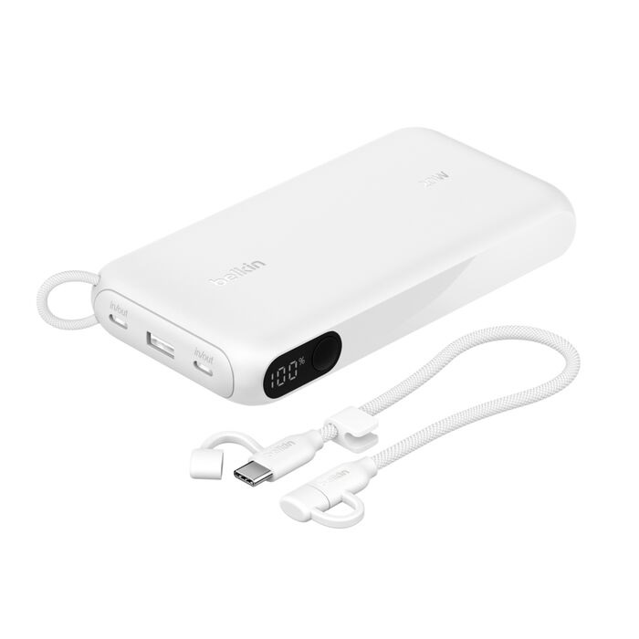 Belkin BoostCharge 20K mAH Power Bank with Display + USB-C to USB-C Cable 60W (15CM) - White (BPB028fqWH), 20W, 2x USB-C Ports, 2 Years Warranty