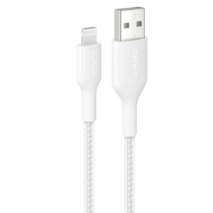 Belkin BoostCharge Pro Braided Lightning to USB-A Cable (2M) - White (CAA020FQ2MWH), 2.4A/15W, 480Mbps, 350K Bends, MFI-Certified, 2 Years Warranty
