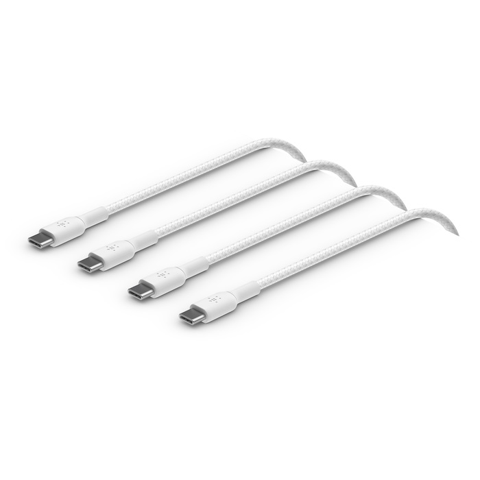 Belkin BoostCharge Braided USB-C to USB-C Cable (1M) (Pack of 2) - White (CAB004bt1MWH2PK), 3A/60W, 480Mbps, 30K+ Bends, Apple, 2 Years Warranty