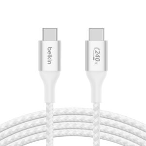 Belkin BoostCharge Braided USB-C to USB-C PD 3.1 Cable (2M) - White (CAB015bt2MWH), 5A/240W, 480Mbps, 30K+ Bends, Apple, 2 Years Warranty