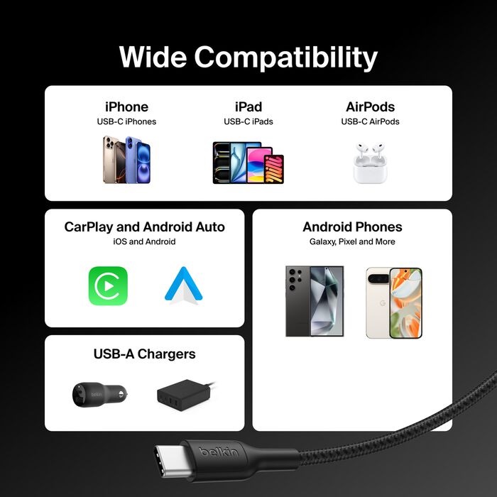 Belkin BoostCharge Pro Braided USB-C to USB-A Cable (1M) - Black (CAB022fq1MBK), 3A/15W, 480Mbps, 350K+ Bends, Apple,USB-IF Certified,2 Years Warranty - Image 4
