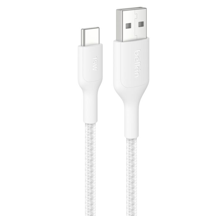 Belkin BoostCharge Pro Braided USB-C to USB-A Cable (2M) - White (CAB022fq2MWH), 3A/15W, 480Mbps, 350K+ Bends, Apple,USB-IF Certified,2 Years Warranty