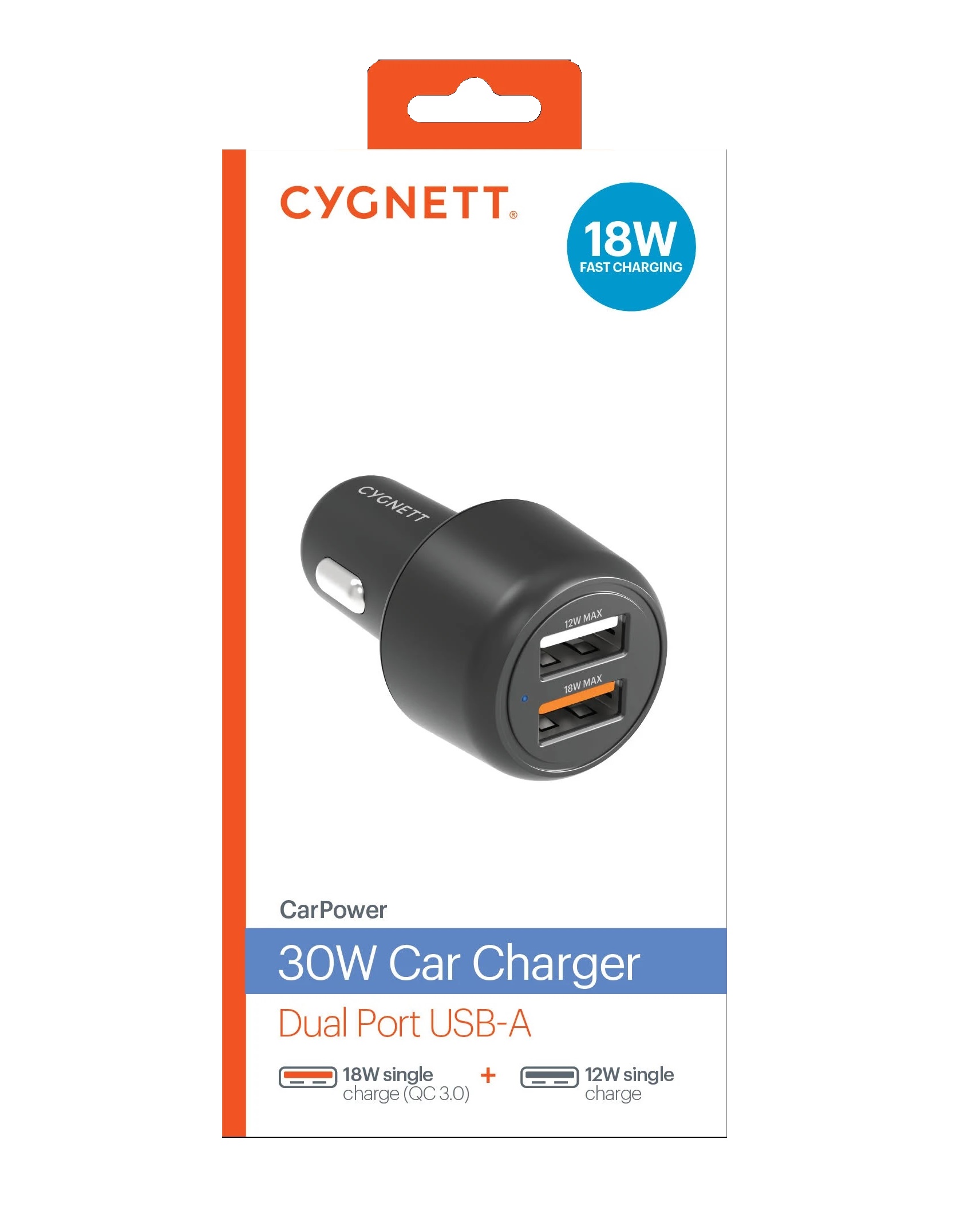 Cygnett CarPower 30W Dual Port Car Charger - Black (CY3680CYCCH), 2xUSB-A(12W & 18W QC 3.0), 3.6x faster than standard 5W, 2 Years Warranty - Image 4