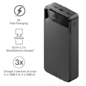 Cygnett ChargeUp Boost 4th Gen 20K mAh Power Bank- Black(CY4751PBCHE)Triple Port(Dual USB-A 15W+1xUSB-C 15W),15cm USB-C Cable,15W Max,2 Years Warranty
