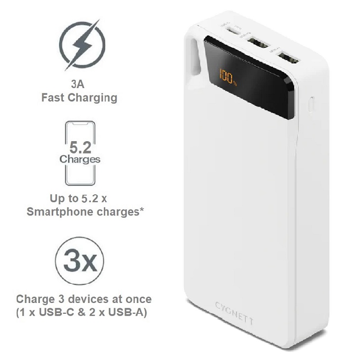 Cygnett ChargeUp Boost 4th Gen 20K mAh Power Bank- White(CY4752PBCHE)Triple Port(Dual USB-A 15W+1xUSB-C 15W),15cm USB-C Cable,15W Max,2 Years Warranty