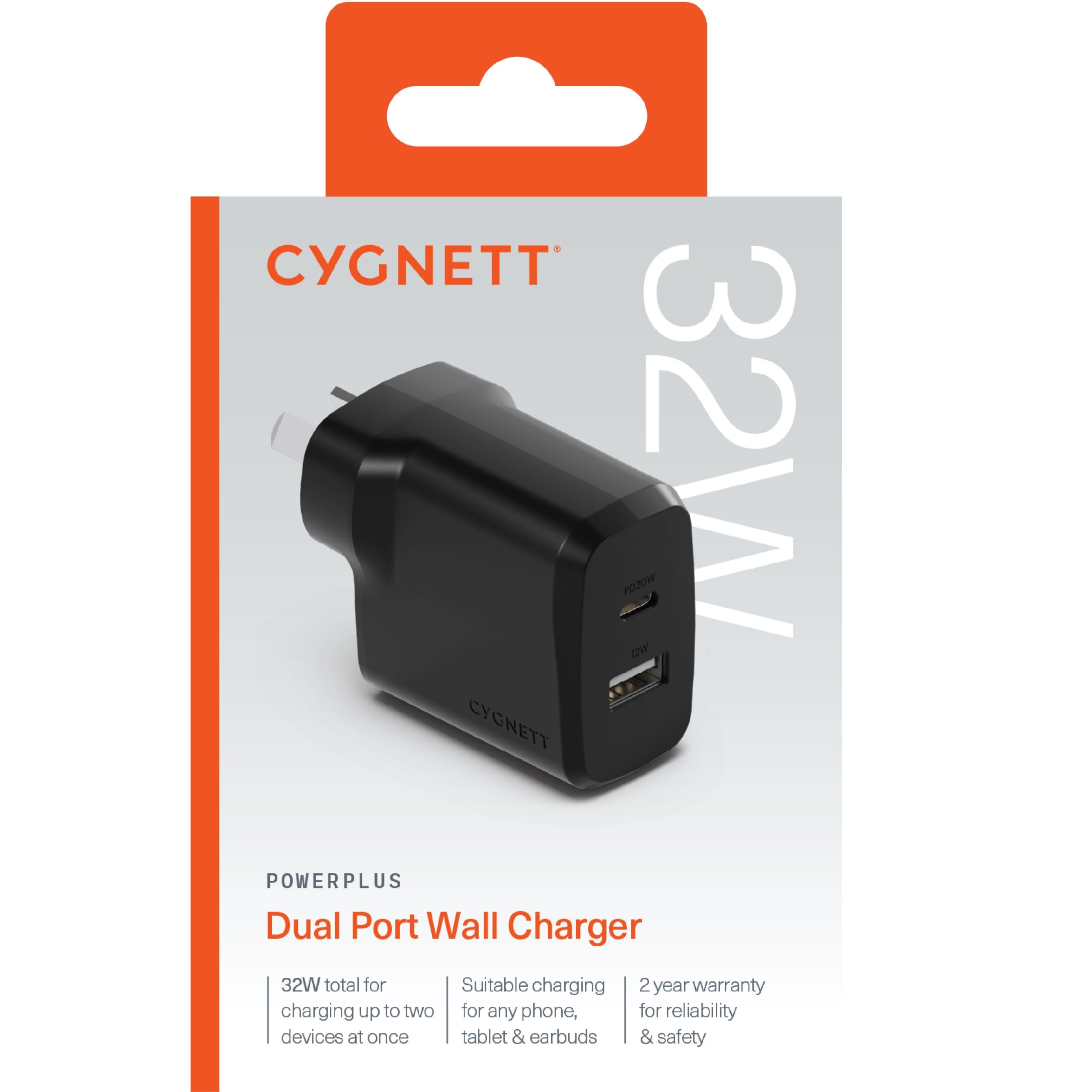 Cygnett PowerPlus 32W Dual Port (20W USB-C + 12W USB-A) PD Fast Wall Charger-Black(CY4773PDWCH),Palm-Size,Portable,Charge 2x Devices,2 Years Warranty - Image 4