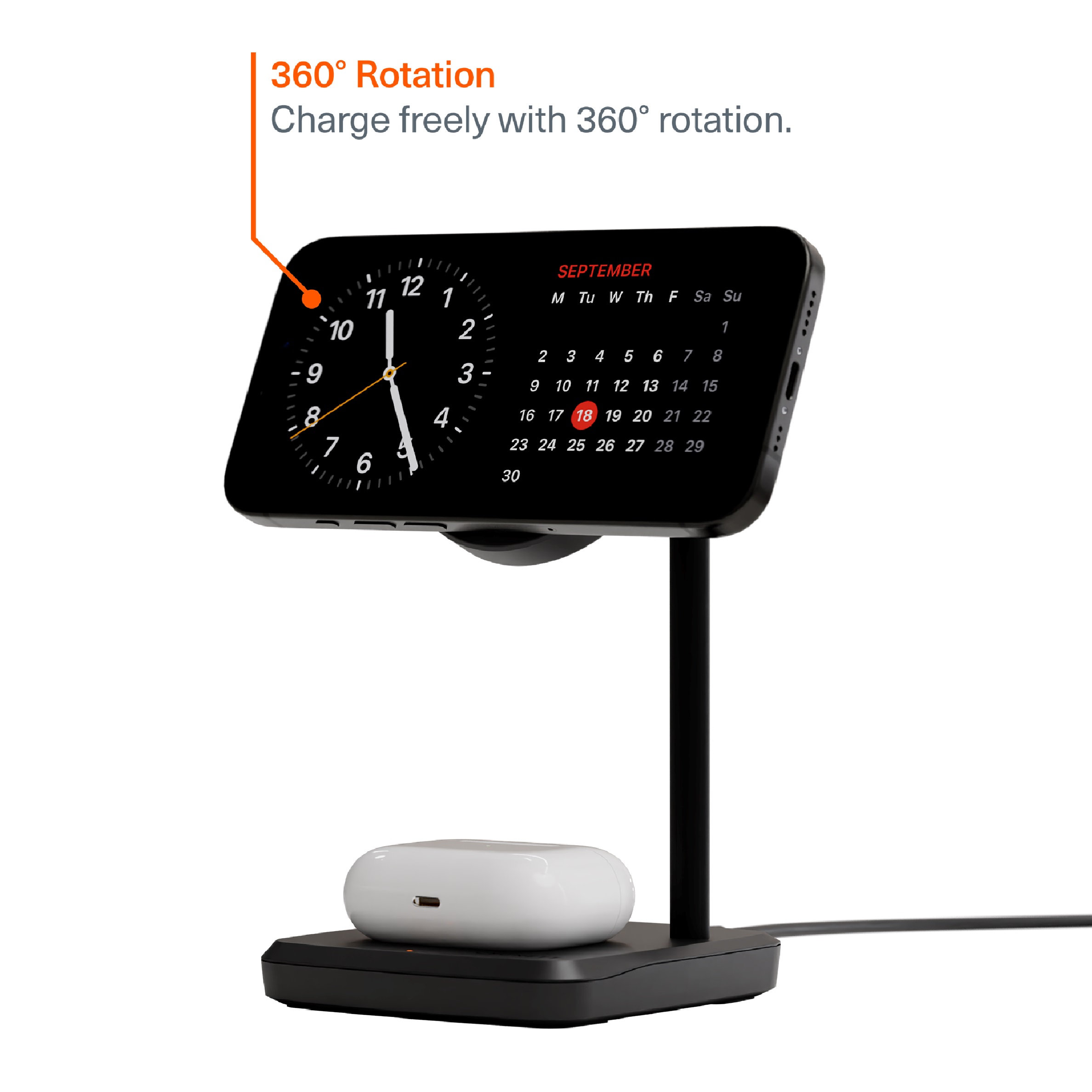 Cygnett ChargeBase Qi2 2-in-1 Magnetic 15W Wireless Charger - Black (CY5067BUNCP),1.2M USB-C Cable,25W Wall Charger,80° Swivel Head,2 Years Warranty - Image 3