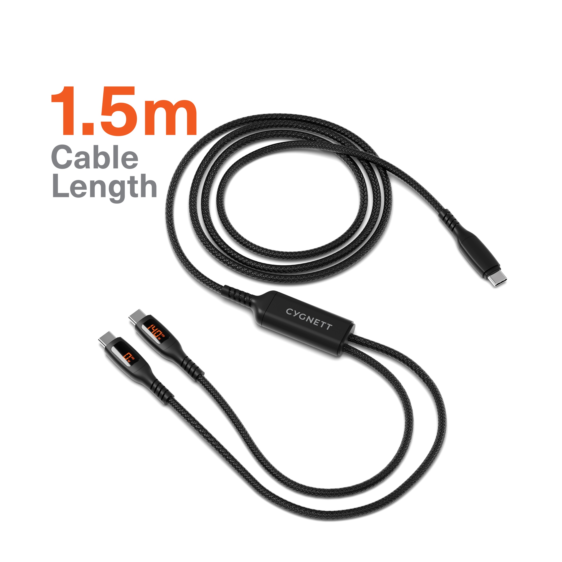 Cygnett Unite Intelli USB-C to Dual USB-C Split LED Cable 1.5M - Black(CY5504PCCCC), 140W, 480Mbps Transfer, Fast Charge, 2 Years Warranty - Image 2