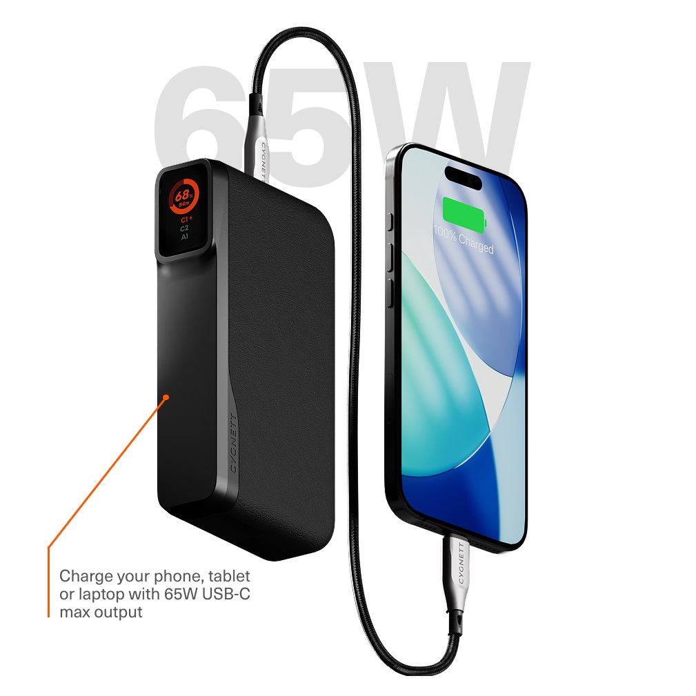 Cygnett Encore 20k mAh Power Bank - Graphite(CY5633PBCHE), 65W, 2x USB-C PD, 1x USB-A Ports, LED Display,Fast Charge,3x Device Charge,2 Years Warranty - Image 2