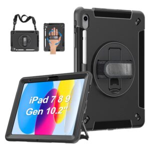 USP Rugged Apple iPad (10.2') (9th/8th/7th Gen) Case Black - Built-in-Kickstand, Hand & Shoulder Straps, Pen Holder, 3 Years Warranty