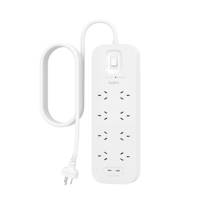 Belkin Connect 8-Outlet Surge Protector With Dual USB-C Ports - White (SRB004AU2M), 30W, 2M Cord, 900 Joules Protection, CEW $70,000, 2 Years Warranty