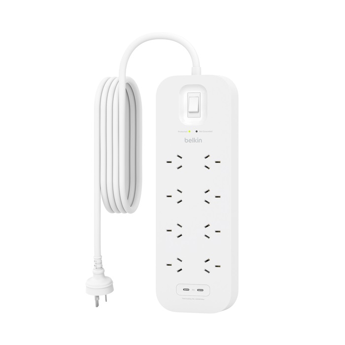 Belkin Connect 8-Outlet Surge Protector With Dual USB-C Ports - White (SRB004AU2M), 30W, 2M Cord, 900 Joules Protection, CEW $70,000, 2 Years Warranty - Image 2