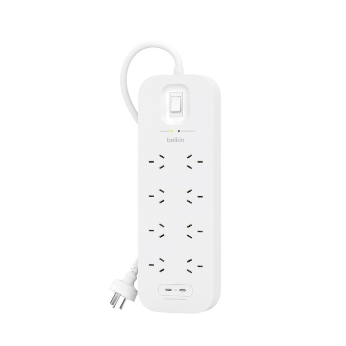 Belkin Connect 8-Outlet Surge Protector With Dual USB-C Ports - White (SRB004AU2M), 30W, 2M Cord, 900 Joules Protection, CEW $70,000, 2 Years Warranty - Image 4