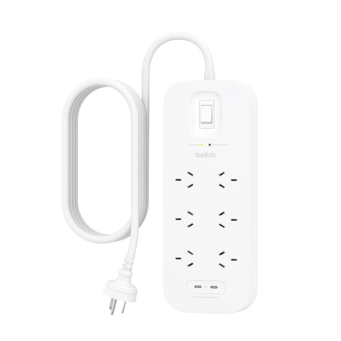 Belkin SurgePro 6-Outlet Surge Protector with Dual USB-C 30W Ports - White (SRB006AU2M), 2M Power Cord, CEW $50,000, 2 Years Warranty