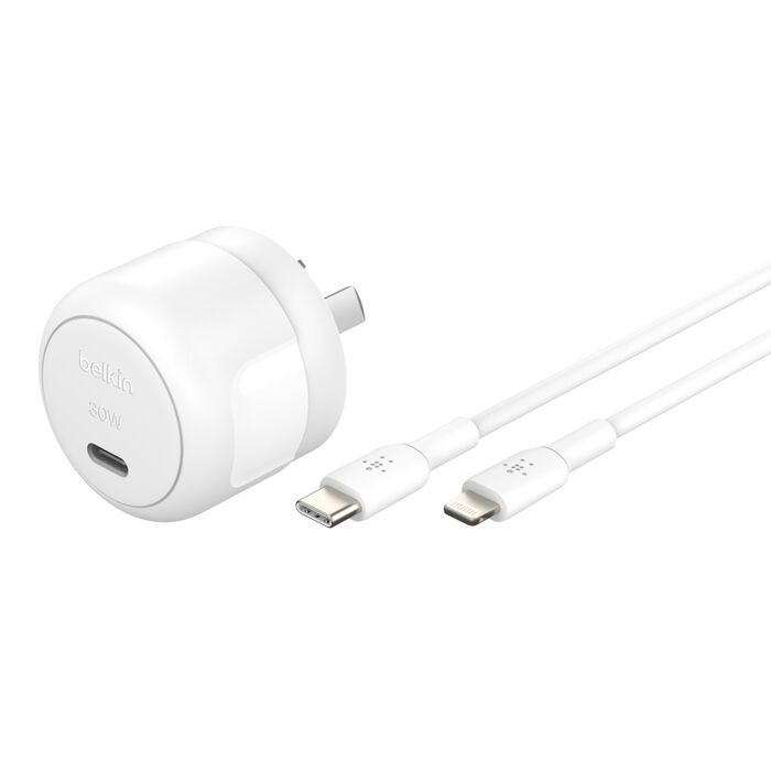 Belkin BoostCharge Compact 30W USB-C PD 3.1 Wall Charger + USB-C to Lightning Cable - White (WCA008au1MWH-B5), Apple, 2 Years Warranty