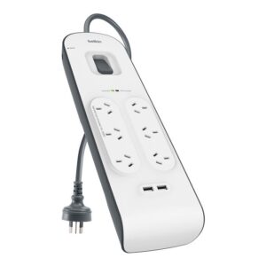 Belkin SurgePlus 6-Outlet 2-Meter Surge Protection Strip With Two (2.4) Amp USB Charging Ports - White (BSV604au2M), 2M Power Cord, 2 Years Warranty