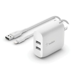Belkin BoostCharge 24W Dual USB-A Wall Charger + Lightning to USB-A Cable (1M) - White (WCD001au1MWH), 2xUSB-A (12W), CEW $2,500, 2 Years Warranty