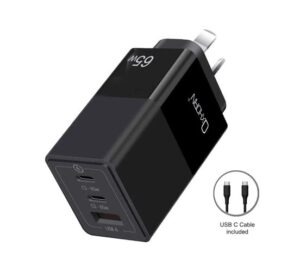 Oxhorn 65W GaN Type C fast Charger 3 Port 2xUSB-C 1xUSB-A PD3.0 QC4.0 PPS AUS Approved C-tick Black with 1m cable