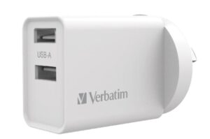 Verbatim USB Charger Dual Port 2.4A each Total 5v 3.4A White Wall Charger, Rohs, CE, Apple, Android, tablet, Handheld. OC, OV, SS, OT, Fire Resistant.