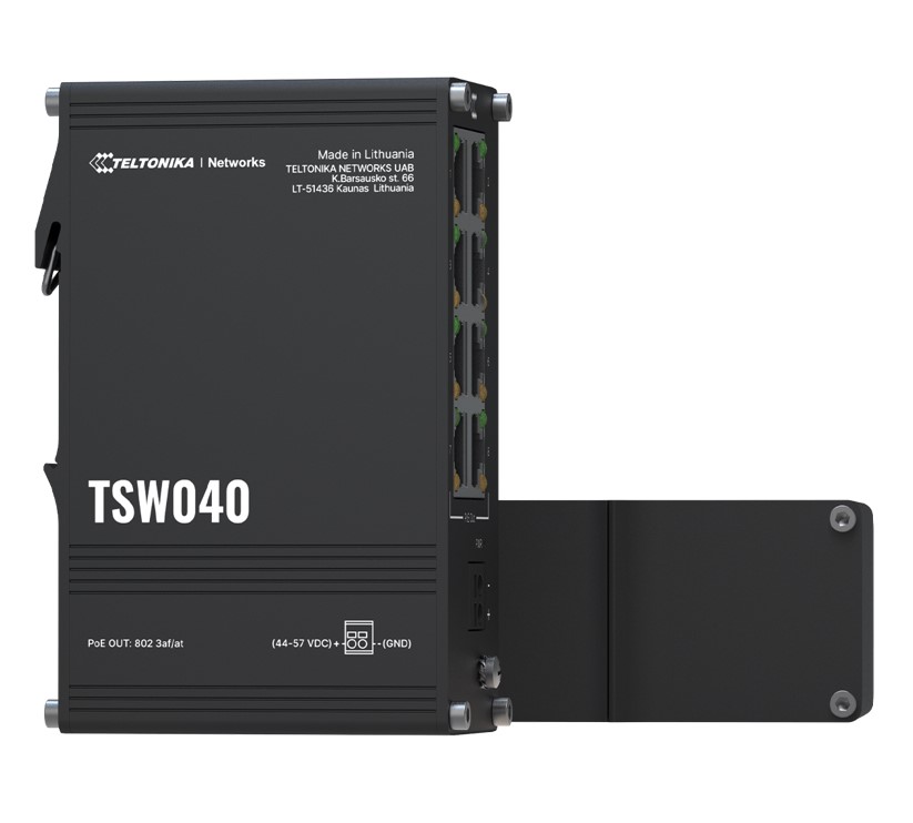 Teltonika TSW040 - 8-port PoE+ Switch (7-57 VDC, or 44-57 VDC for PoE-out) Integrated DIN Rail Bracket - 10/100 Mbps, supports auto MDI/MDIX crossover - Image 2