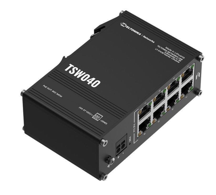Teltonika TSW040 - 8-port PoE+ Switch (7-57 VDC, or 44-57 VDC for PoE-out) Integrated DIN Rail Bracket - 10/100 Mbps, supports auto MDI/MDIX crossover - Image 3