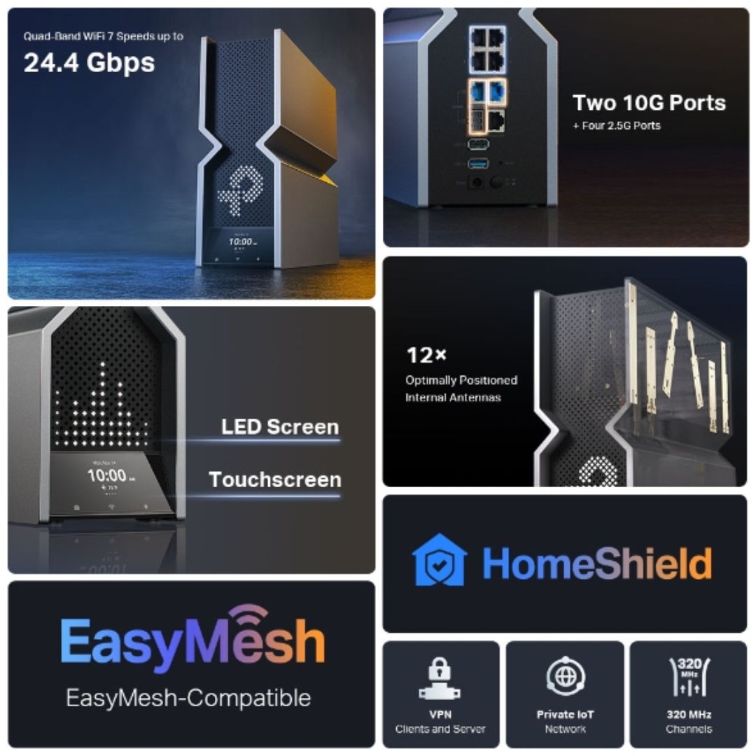 TP-Link Archer BE900 BE24000 Quad-Band Wi-Fi 7 Router (WIFI7) 1376 Mbps at 2.4 GHz + 5760 Mbps at 5 GHz_1+ 5760 Mbps at 5 GHz_2 + 11520 Mbps at 6 GHz - Image 4