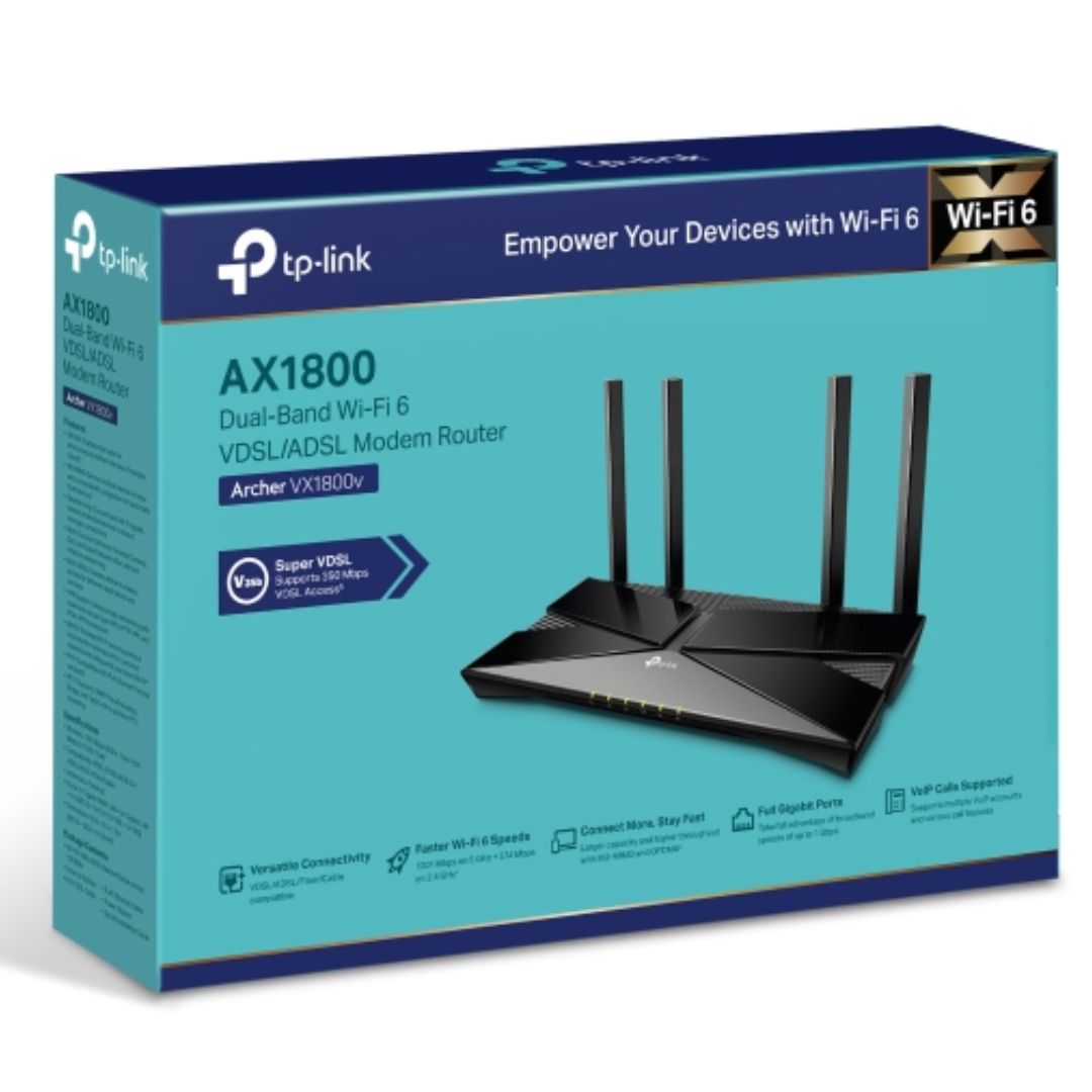 TP-Link Archer VX1800v AX1800 Dual-Band Wi-Fi 6 VDSL Modem Router With VoIP, 574 Mbps at 2.4 GHz + 1201 Mbps at 5 GHz