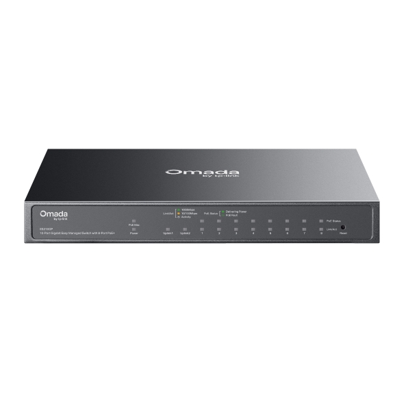TP-Link ES210GP Omada 10-Port Gigabit Easy Managed Switch with 8-Port PoE+, 8× Gigabit PoE+ Ports, 1x Gigabit Non-PoE Ports, 1× Combo Gigabit RJ45/SF