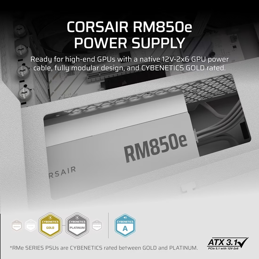 Corsair RMe Series™ RM850e - Fully Modular Low-Noise ATX Power Supply - White (AU), Cybenetics Gold, ATX12V 3.1, 2x PATA, 2x EPS, 6x SATA, 3x PCIe - Image 2
