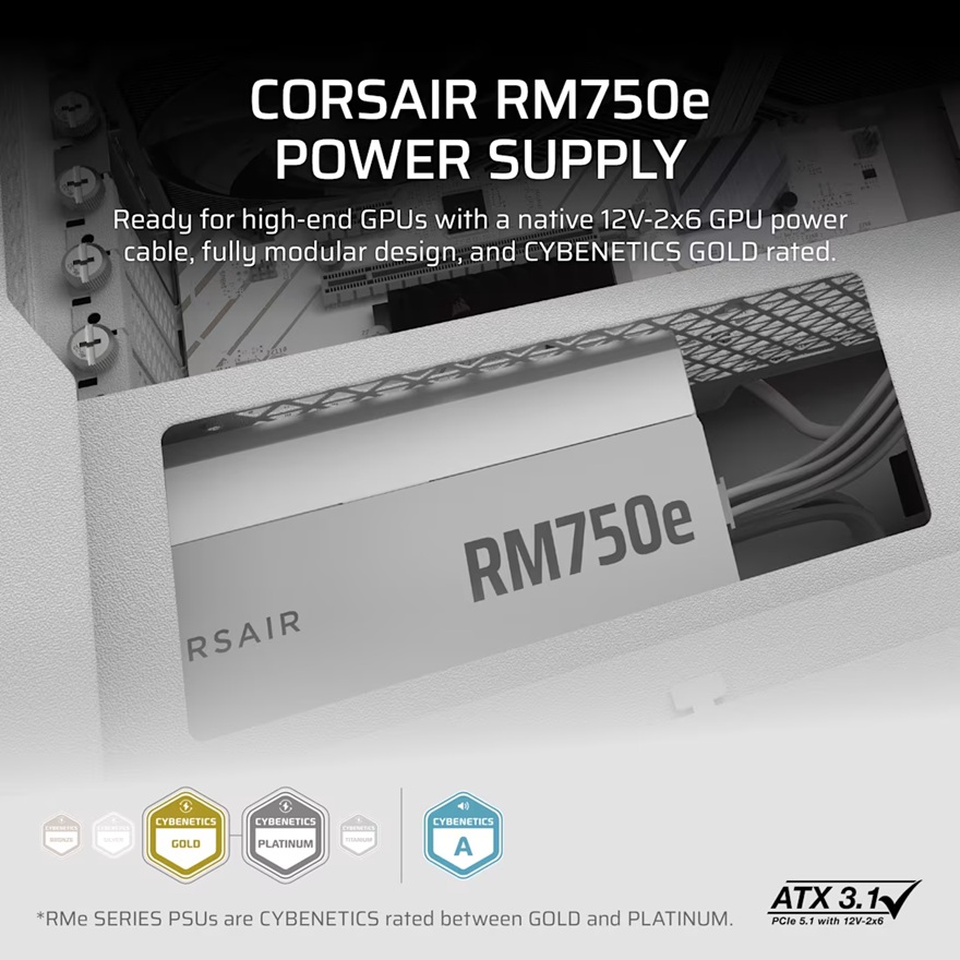 Corsair RMe Series™ RM750e - Fully Modular Low-Noise ATX Power Supply - White (AU), Cybenetics Gold, ATX12V 3.1, 2x PATA, 2x EPS, 6x SATA, 3x PCIe - Image 2
