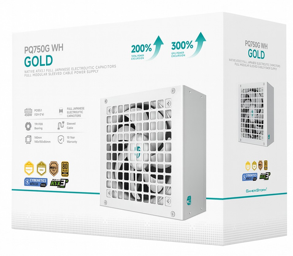 DeepCool PQ750G WH 750W Gamer Storm 80+ Gold/Cybenetics Fully Modular ATX Power Supply 120mm Fan, Japanese Capacitors, DC to DC, ATX12V V3.1