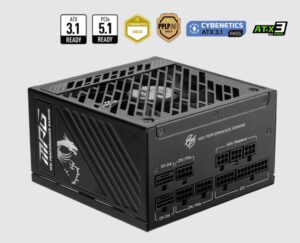 MSI MPG A1000GS PCIE5 1000W ATX Power Supply Unit, 80 PLUS Gold, Fully modular flat cables, 0 RPM Mode, Active PFC design