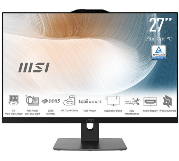 MSI Modern AM272P 1M-1219AU AIO Black, 27' Non-Touch, Core 7 150U/D5 2x8G/1TB SSD/WiFi6/Webcam/Height Adjustable/Wired KBM/Win11Pro/3Y Onsite