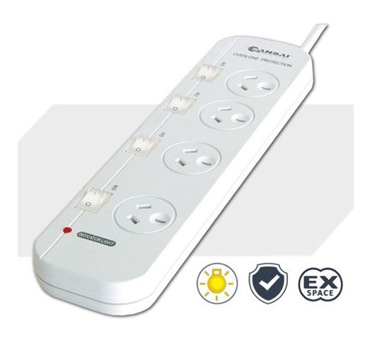 Sansai 4 Way Powerboard 4 Outlet 10A 240V Individually Switched 2 extra spaced sockets 1M Length
