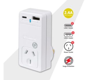 Sansai USB C + A 2xUSB charging Outlets Power Adaptor 240V 10A Surge protection Power status indicator Wall Charger