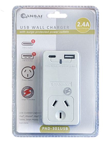Sansai USB C + A 2xUSB charging Outlets Power Adaptor 240V 10A Surge protection Power status indicator Wall Charger - Image 2