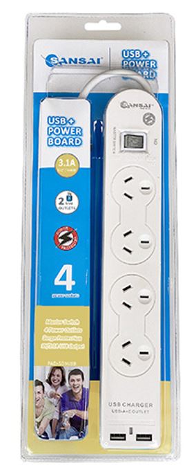 Sansai 4 Way Basic Powerboard USB Ax2 4 Outlets Master Switch Surge and overload protection1M Length - Image 2