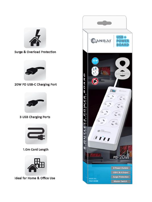 Sansai 8 Outlet 3*USB-A & 1*USB-C Powerboard Master On/Off switch Surge and overload protected 1M 20W 220-240V 10A IV Retail box - Image 2