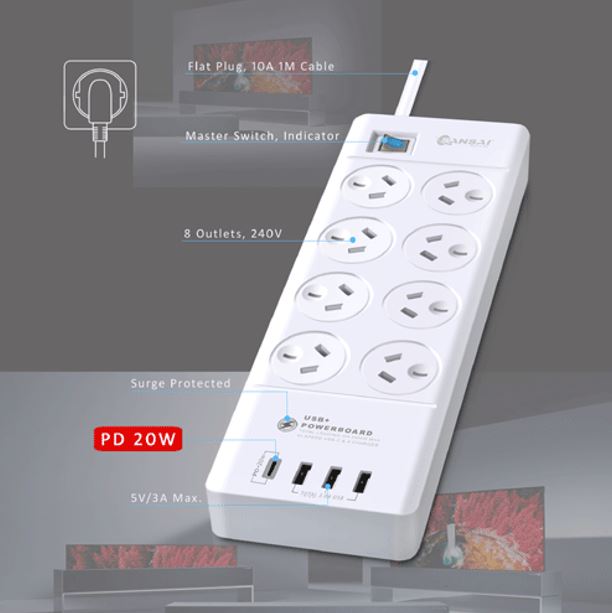 Sansai 8 Outlet 3*USB-A & 1*USB-C Powerboard Master On/Off switch Surge and overload protected 1M 20W 220-240V 10A IV Retail box - Image 4