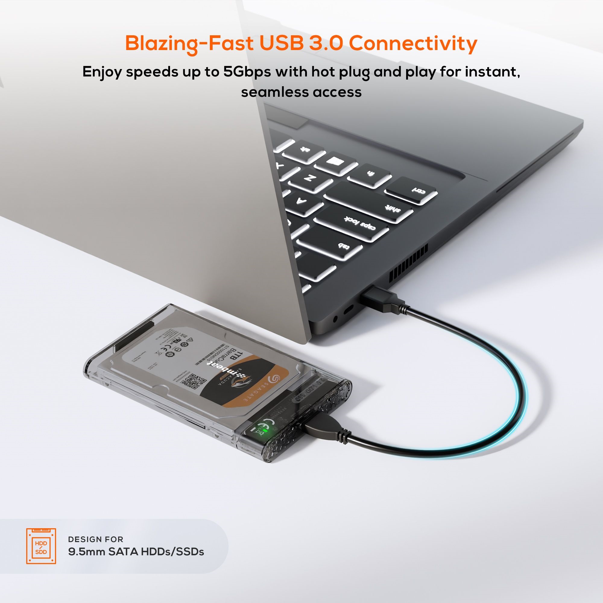 mbeat® A1 See-Through Tool Free USB 3.0 2.5' SATA HDD Enclosure - Black USB Port: USB 3.0 Data Speed: Maximum up to 5Gbps Product Weight: 53g - Image 2