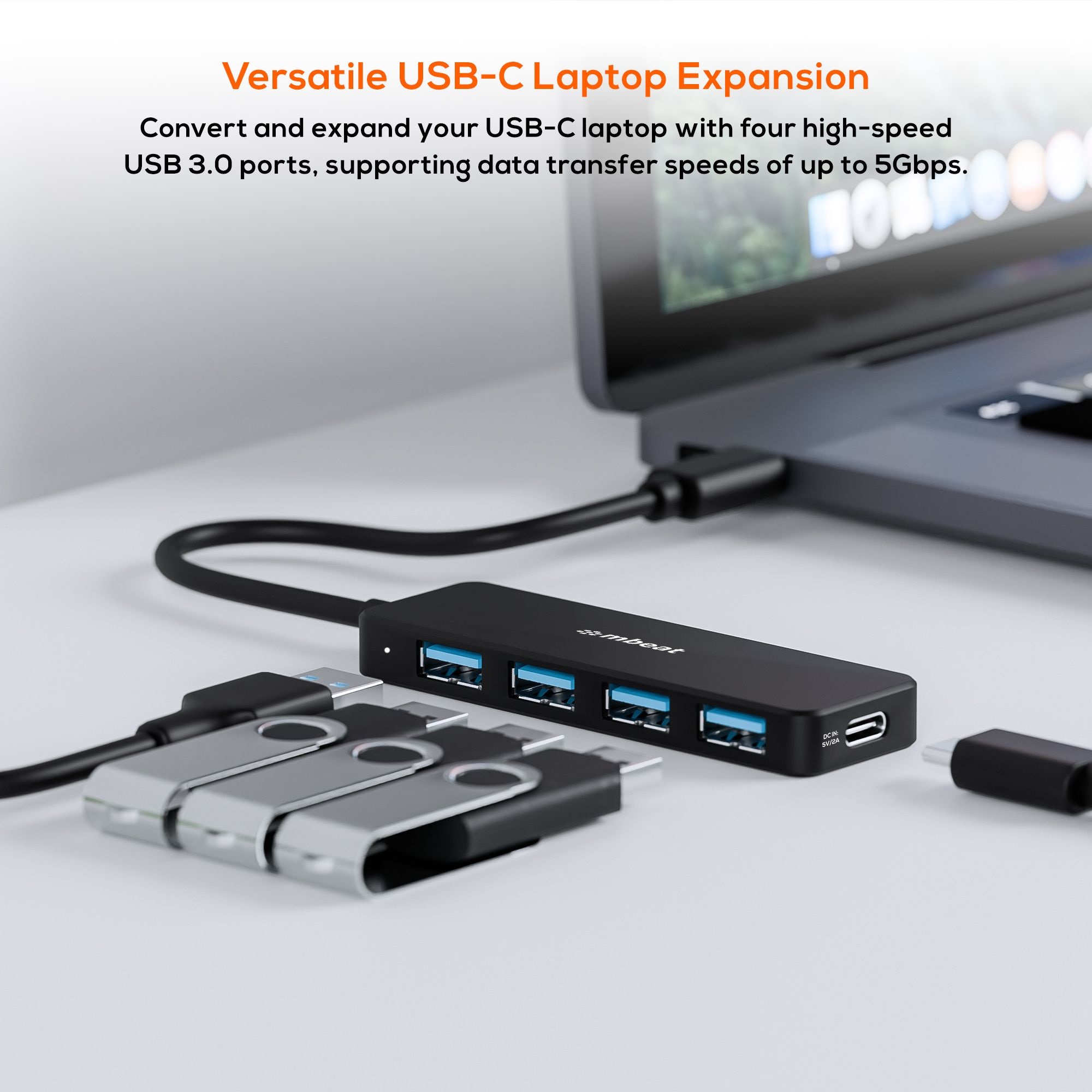 mbeat® 4-Port USB-C Hub with USB-C DC Port Compact and Portable Design Flexible Device Connectivity Data Transfer Speed: 5Gbps Weight: 30g - Image 3
