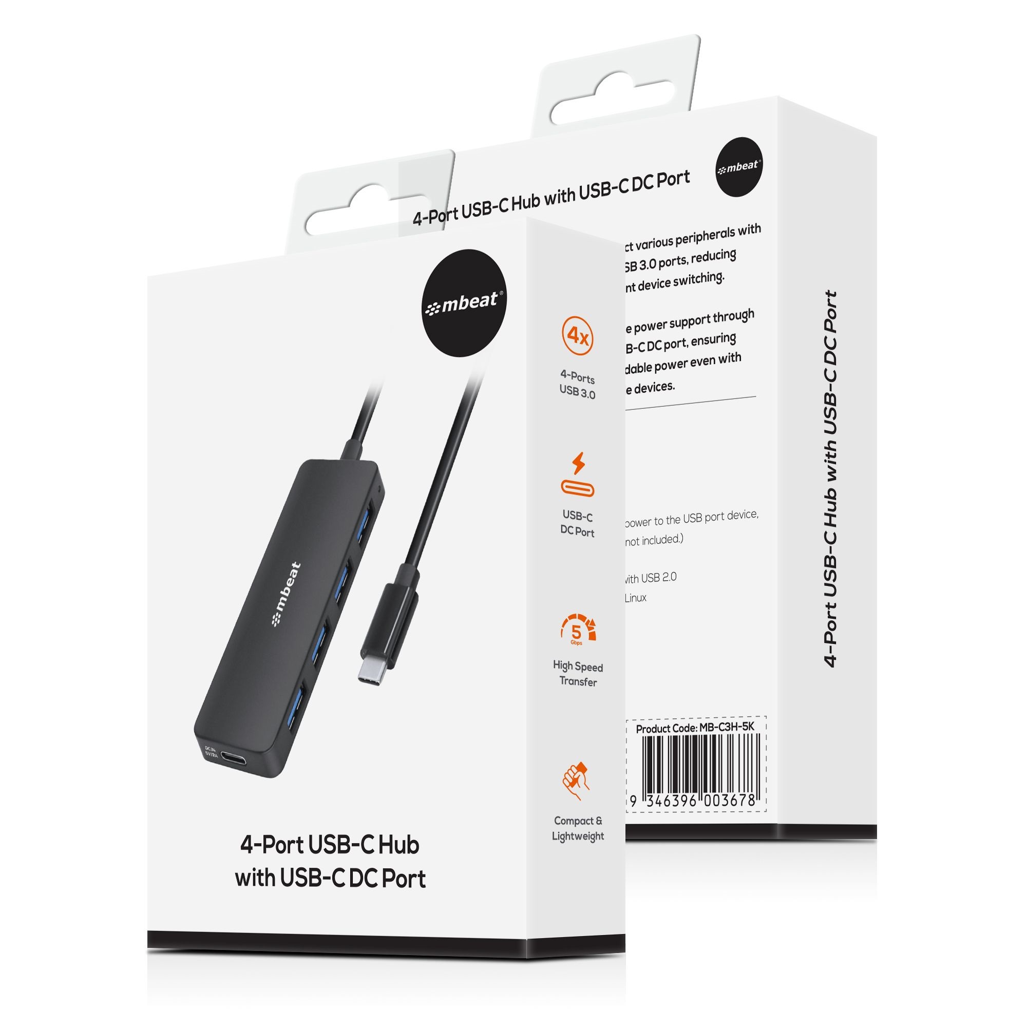 mbeat® 4-Port USB-C Hub with USB-C DC Port Compact and Portable Design Flexible Device Connectivity Data Transfer Speed: 5Gbps Weight: 30g - Image 4