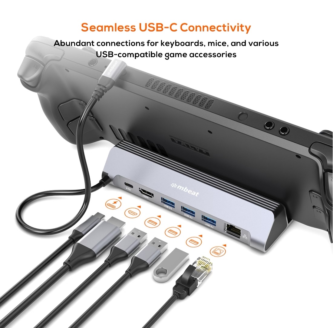 mbeat® USB-C Gaming Dock for Steam Deck & ROG Ally 100W PD pass-through 4K@60Hz (3840 × 2160) Gigabit Ethernet up to 10/100/1000Mbps 5Gbps data - Image 3