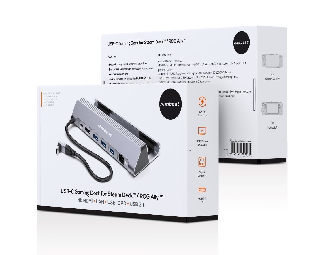 mbeat® USB-C Gaming Dock for Steam Deck & ROG Ally 100W PD pass-through 4K@60Hz (3840 × 2160) Gigabit Ethernet up to 10/100/1000Mbps 5Gbps data - Image 4