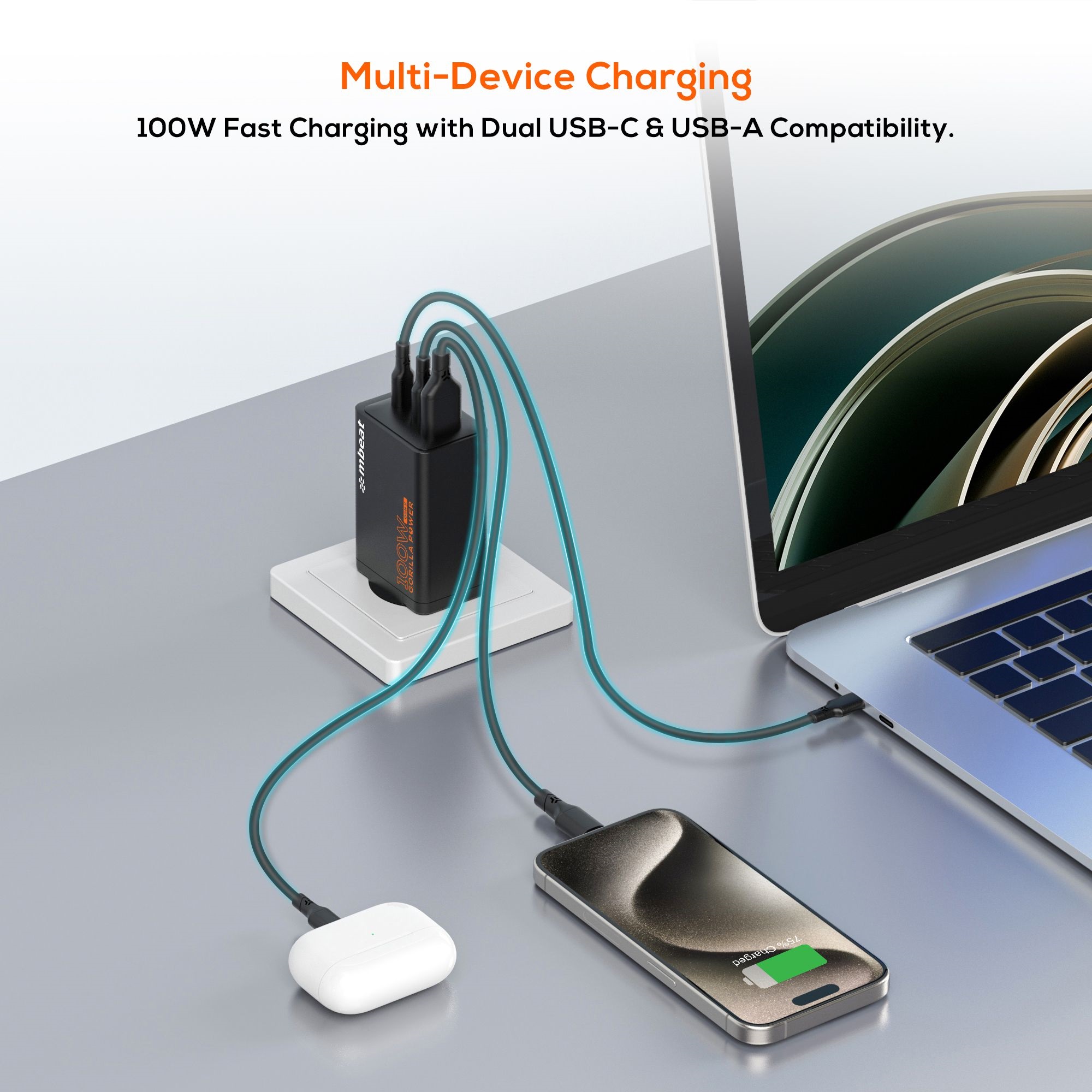 mbeat® Gorilla Power PD 100W GaN II USB-C Charger 50% smaller than the standard Supports a wide range of devices Product Weight: 180g - Image 3