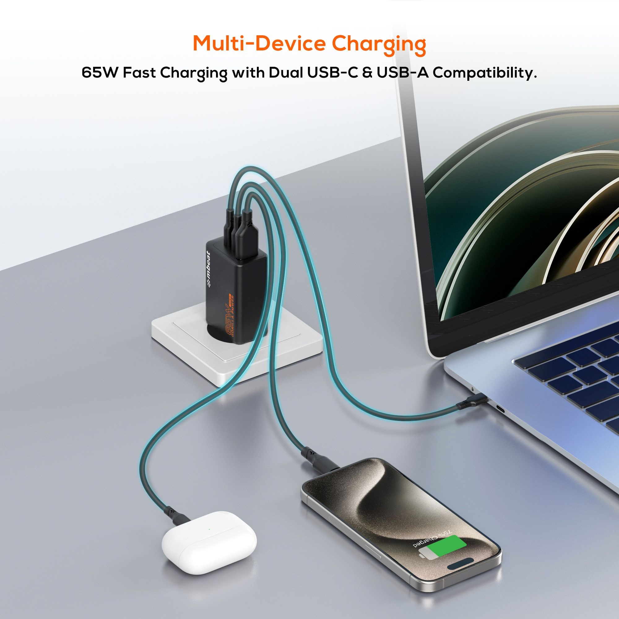 mbeat® Gorilla Power PD 65W GaN II USB-C Charger 50% smaller than the standard Supports a wide range of devices Product Weight: 109g - Image 2
