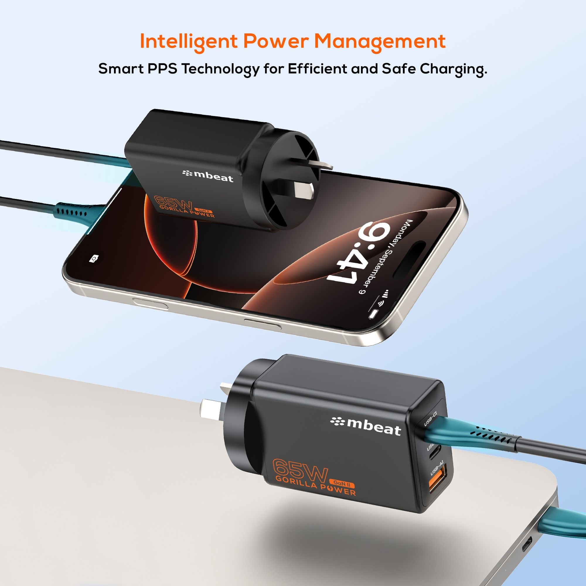 mbeat® Gorilla Power PD 65W GaN II USB-C Charger 50% smaller than the standard Supports a wide range of devices Product Weight: 109g - Image 3