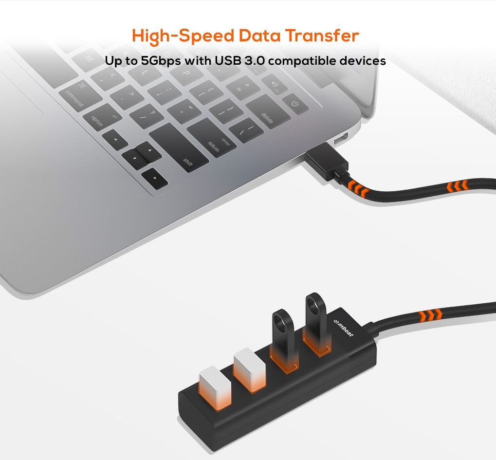 mbeat® 4-Port USB 3.0 Hub - Black USB 3.0 transfer speeds up to 5Gbps. Plug-and-play Compact and lightweight Weight: 37g - Image 2