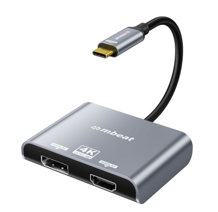 mbeat® Tough Link USB-C to DP&HDMI Dual 4K/60Hz MST Adapter 4K (3840x2160) @ 60Hz, 4K (3840x2160) @ 30Hz, 2K (2560x1440) @ 60Hz - Space Grey (LS)